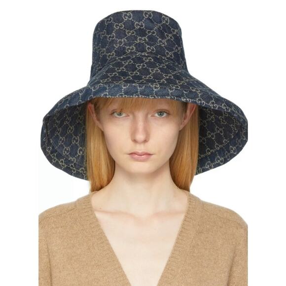 Gucci Eco Washed Denim Wide Brim Monogram GG Logo Hat Medium - Picture 3 of 13